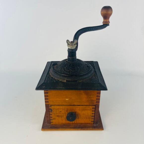 Antique Coffee Grinder Ornate Cast Iron Hand Crank Wooden Dove Tail Base - Picture 6 of 6